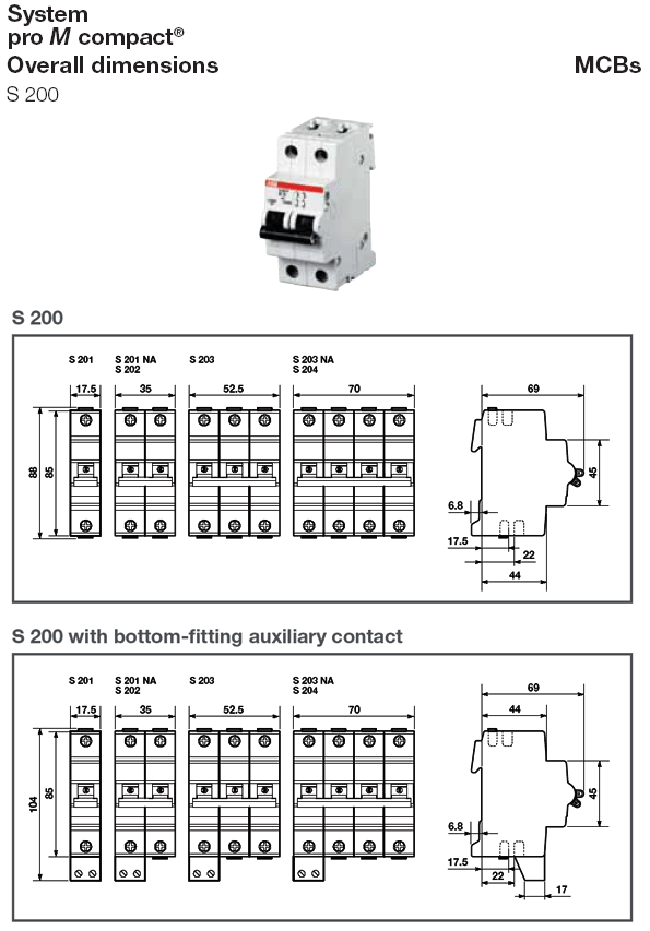 PRODUCT OVERALL DIMENSIONS MCBs S 200 บริษัท เอบีบี (ไทยแลนด์