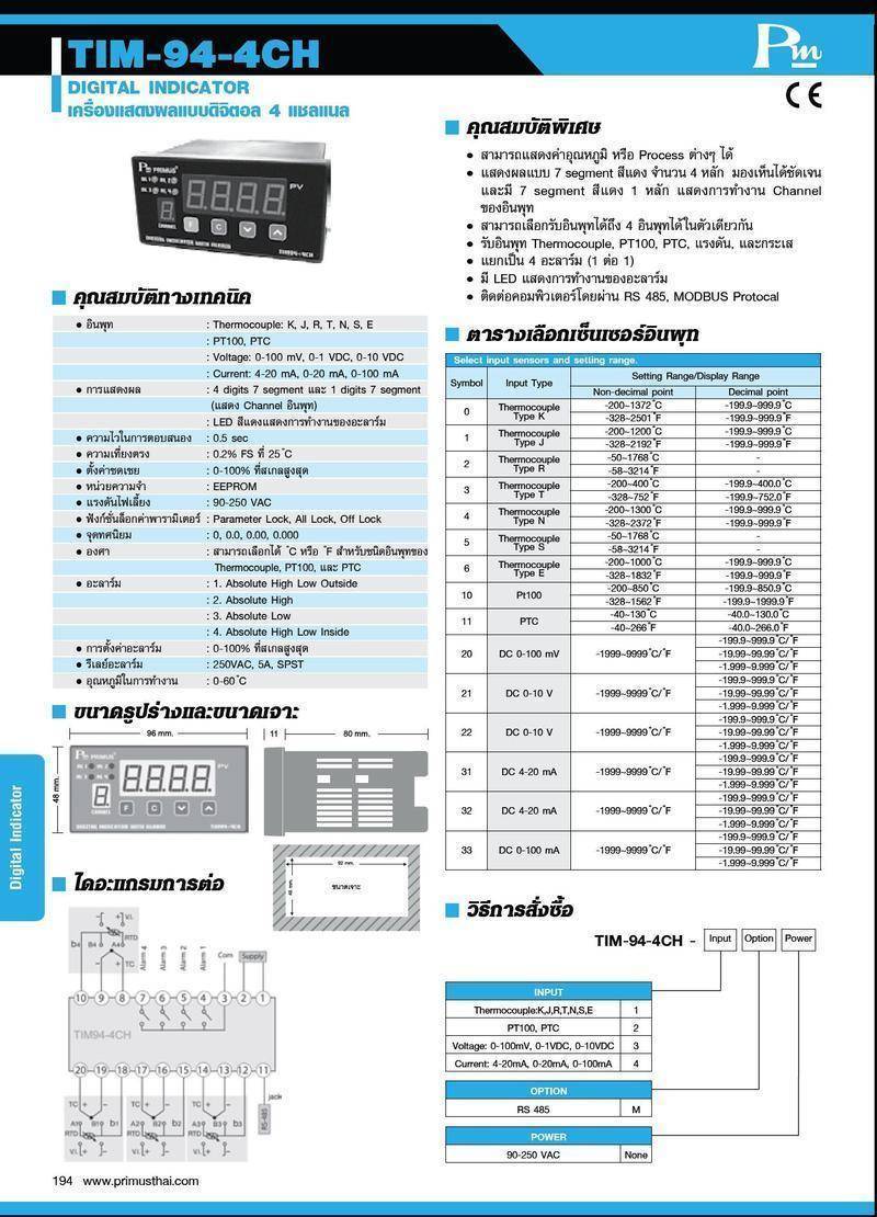 Primusthai PRODUCT เครื่องแสดงผลแบบดิจิตอล 4 แชนแนล (Digital Indicator 4 Channel ...